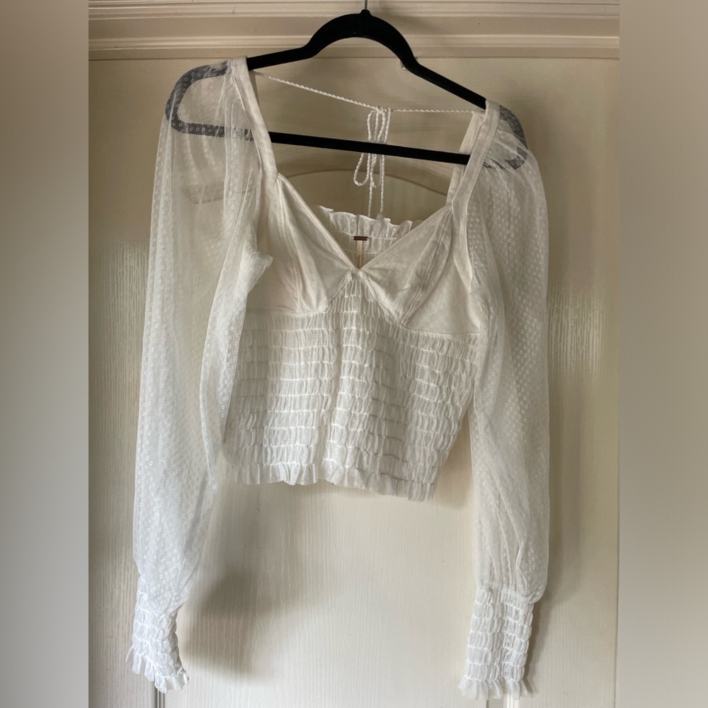 Free People intimately sheer white long sleeve top with tie back